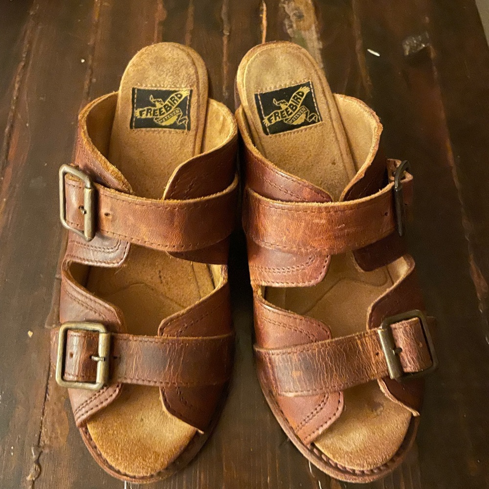 Freebird caprice Brown Leather Mules with Brass Buckles
